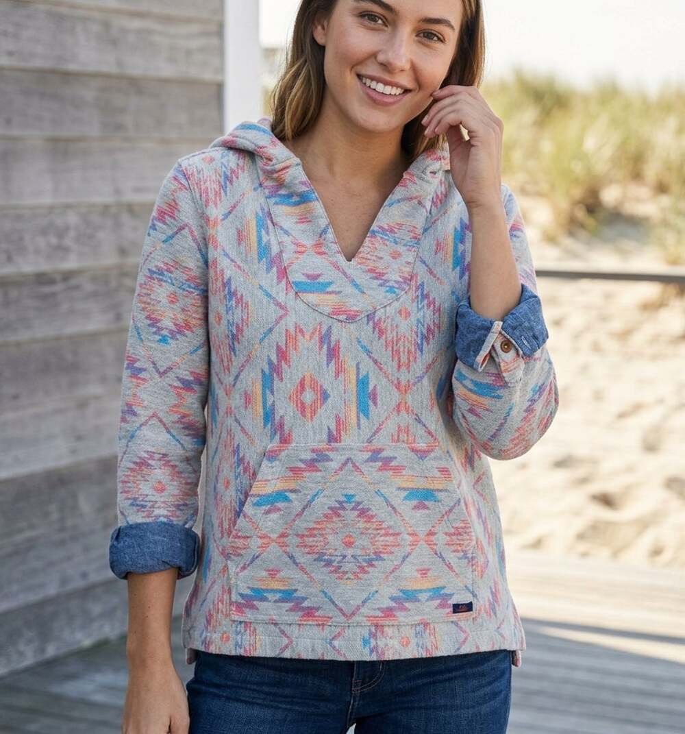 Faherty Womens Small Geometric Aztec Baja Hoodie Chambray Sleeve Cuff Cotton